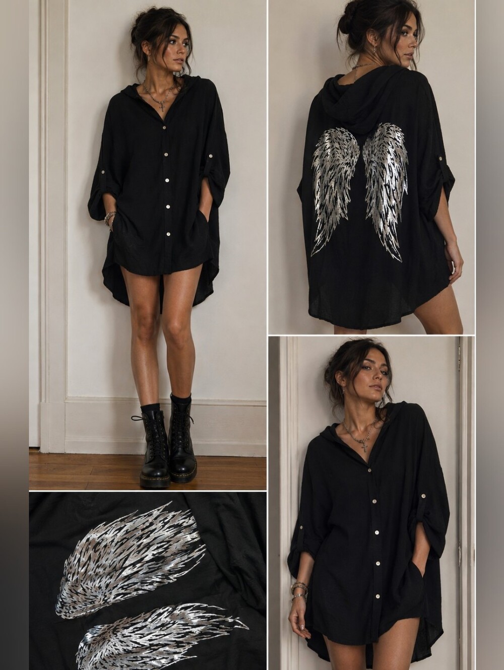 Black Hooded Button-Down Tunic with Metallic Wing Print
